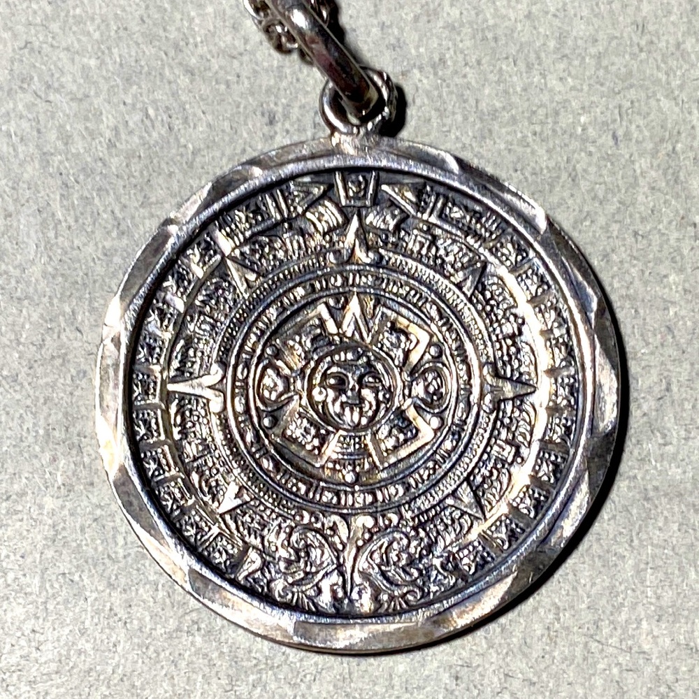 Sterling Silver Chain Necklace w/ Alba 925 Mayan Calendar Coin Pendant